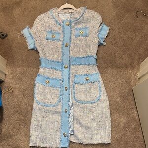Elegant Blue Tweed Mini Dress